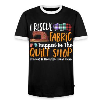 I Rescue Fabric Trapped In The Quilt Shop - Men's Ringer Shirt - black/white - Front - AI Model Female 172 light (172cm) & AI Model Male 178 light (178cm)