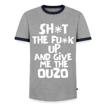 Ouzo Slogan for Greeks One Ouzo a Day Ouzo Party - Men's Ringer Shirt - grey/navy  - Front - AI Model Female 172 light (172cm) & AI Model Male 178 light (178cm)