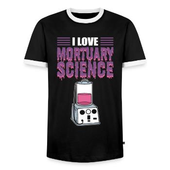 I Love Mortuary Science Mortician Funeral Director - Men's Ringer Shirt - black/white - Front - AI Model Female 172 light (172cm) & AI Model Male 178 light (178cm)