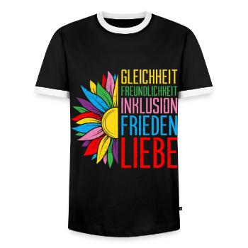 Inklusion Gleichheit Freundlichkeit Akzeptanz - Männer Kontrast-T-Shirt - Schwarz/Weiß - Vorne - AI Model Female 172 light (172cm) & AI Model Male 178 light (178cm)