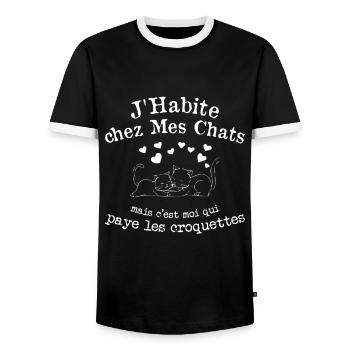 J'habite chez Mes Chats Humour Chat Drôle - T-shirt contrasté Homme - noir/blanc - Devant - AI Model Female 172 light (172cm) & AI Model Male 178 light (178cm)