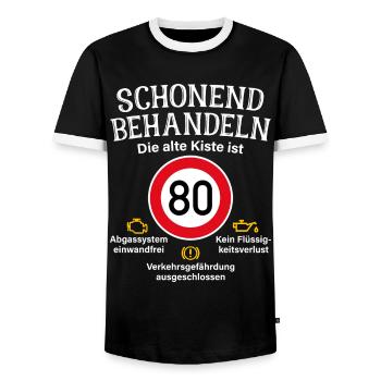 80. Geburtstag Schonend Behandeln Alte Kiste 80 - Männer Kontrast-T-Shirt - Schwarz/Weiß - Vorne - AI Model Female 172 light (172cm) & AI Model Male 178 light (178cm)