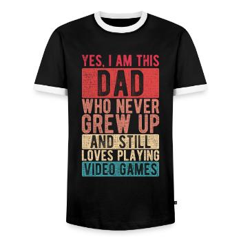 I Am This Dad Never Grew Up Father's Day Dad Gift - Men's Ringer Shirt - black/white - Front - AI Model Female 172 light (172cm) & AI Model Male 178 light (178cm)