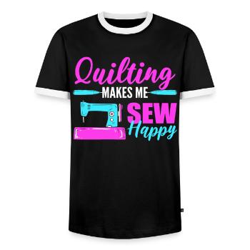 Quilting Makes Me Sew Happy Quilter Sewer Sewing - Men's Ringer Shirt - black/white - Front - AI Model Female 172 light (172cm) & AI Model Male 178 light (178cm)