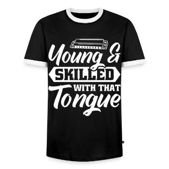 Harmonica Orgue à bouche Harmoniciste Joueur d’harmonica - T-shirt contrasté Homme - noir/blanc - Devant - AI Model Female 172 light (172cm) & AI Model Male 178 light (178cm)