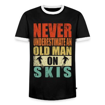 Never underestimate old man skis ski retirement - Men's Ringer Shirt - black/white - Front - AI Model Female 172 light (172cm) & AI Model Male 178 light (178cm)