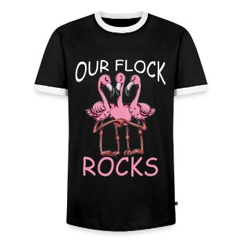 Pink Flamingo Costume Bird Our Flock Rocks - Men's Ringer Shirt - black/white - Front - AI Model Female 172 light (172cm) & AI Model Male 178 light (178cm)