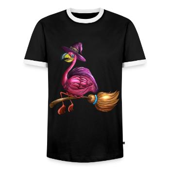 Pink Witches Flamingo Halloween Bird Broom Costume - Men's Ringer Shirt - black/white - Front - AI Model Female 172 light (172cm) & AI Model Male 178 light (178cm)