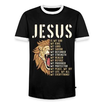 Jésus est mon Dieu Lion de Juda Chrétien - T-shirt contrasté Homme - noir/blanc - Devant - AI Model Female 172 light (172cm) & AI Model Male 178 light (178cm)