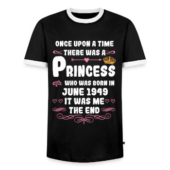 Es war einmal eine Prinzessin. Juni 1949 Geburtsta - Männer Kontrast-T-Shirt - Schwarz/Weiß - Vorne - AI Model Female 172 light (172cm) & AI Model Male 178 light (178cm)