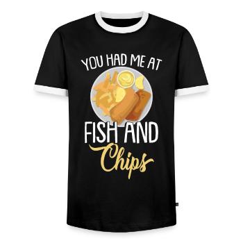 Tu m’as eu au Fish & Chips - T-shirt contrasté Homme - noir/blanc - Devant - AI Model Female 172 light (172cm) & AI Model Male 178 light (178cm)