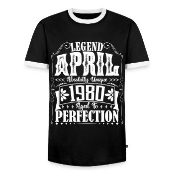 Avril 1980. Anniversaire avril 1980. Cadeau 1980. - T-shirt contrasté Homme - noir/blanc - Devant - AI Model Female 172 light (172cm) & AI Model Male 178 light (178cm)