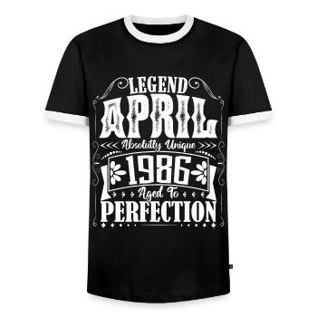 April 1986. Geburtstag April 1986. Geschenk 1986. - Männer Kontrast-T-Shirt - Schwarz/Weiß - Vorne - AI Model Female 172 light (172cm) & AI Model Male 178 light (178cm)