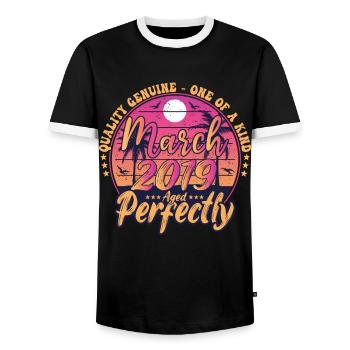 March 2019 anniversary 2019 Retro 2019 March - Men's Ringer Shirt - black/white - Front - AI Model Female 172 light (172cm) & AI Model Male 178 light (178cm)