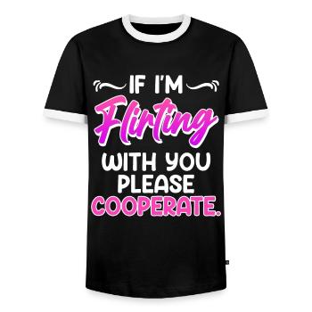 Please cooperate if I flirt with you single - Men's Ringer Shirt - black/white - Front - AI Model Female 172 light (172cm) & AI Model Male 178 light (178cm)