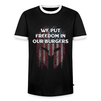 We Put Freedom in Our Burgers Proud American - Men's Ringer Shirt - black/white - Front - AI Model Female 172 light (172cm) & AI Model Male 178 light (178cm)