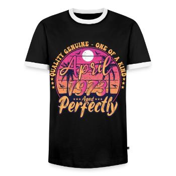 April 1973 anniversary 1973 Retro 1973 April - Men's Ringer Shirt - black/white - Front - AI Model Female 172 light (172cm) & AI Model Male 178 light (178cm)