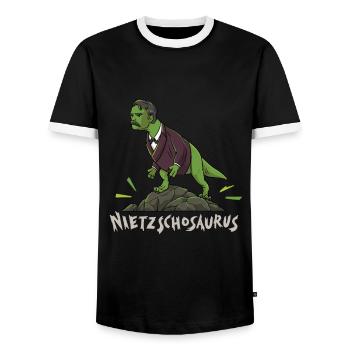 Nietzsche T-Rex Dinosaur Design for a - Men's Ringer Shirt - black/white - Front - AI Model Female 172 light (172cm) & AI Model Male 178 light (178cm)
