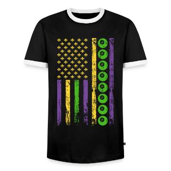 American Cue Sport Flag Billiards - Men's Ringer Shirt - black/white - Front - AI Model Female 172 light (172cm) & AI Model Male 178 light (178cm)