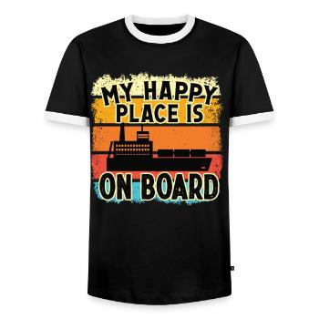 Captain My Happy Place Is On Board Ship Boat - Men's Ringer Shirt - black/white - Front - AI Model Female 172 light (172cm) & AI Model Male 178 light (178cm)