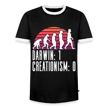 Darwin: 1 - Créationnisme: 0 - Athée - Athéisme - T-shirt contrasté Homme - noir/blanc - Devant - AI Model Female 172 light (172cm) & AI Model Male 178 light (178cm)