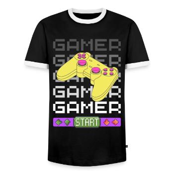 Gamer times Five with 80's vibe - Men's Ringer Shirt - black/white - Front - AI Model Female 172 light (172cm) & AI Model Male 178 light (178cm)