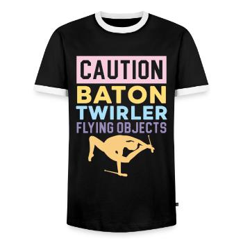 Caution Baton Twirler Flying objects Baton Twi - Men's Ringer Shirt - black/white - Front - AI Model Female 172 light (172cm) & AI Model Male 178 light (178cm)