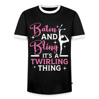 I don't fall, I do random gravity-C - Men's Ringer Shirt - black/white - Front - AI Model Female 172 light (172cm) & AI Model Male 178 light (178cm)