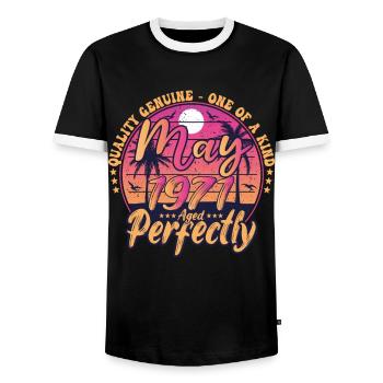 May 1971 anniversary 1971 Retro 1971 May - Men's Ringer Shirt - black/white - Front - AI Model Female 172 light (172cm) & AI Model Male 178 light (178cm)