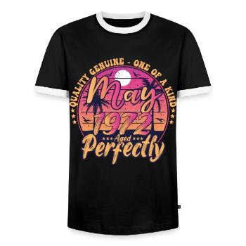 May 1972 anniversary 1972 Retro 1972 May - Men's Ringer Shirt - black/white - Front - AI Model Female 172 light (172cm) & AI Model Male 178 light (178cm)