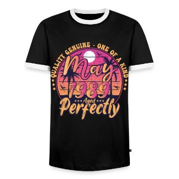 May 1989 anniversary 1989 Retro 1989 May - Men's Ringer Shirt - black/white - Front - AI Model Female 172 light (172cm) & AI Model Male 178 light (178cm)