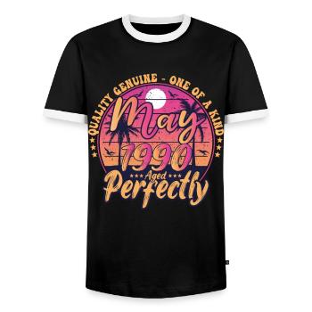May 1990 anniversary 1990 Retro 1990 May - Men's Ringer Shirt - black/white - Front - AI Model Female 172 light (172cm) & AI Model Male 178 light (178cm)