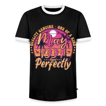 May 1994 anniversary 1994 Retro 1994 May - Men's Ringer Shirt - black/white - Front - AI Model Female 172 light (172cm) & AI Model Male 178 light (178cm)