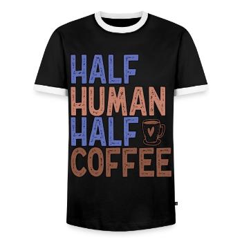 Half Human Half Coffee Funny Coffee - Men's Ringer Shirt - black/white - Front - AI Model Female 172 light (172cm) & AI Model Male 178 light (178cm)
