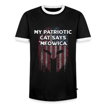 Mon chat patriotique dit Meowica fier Américain - T-shirt contrasté Homme - noir/blanc - Devant - AI Model Female 172 light (172cm) & AI Model Male 178 light (178cm)