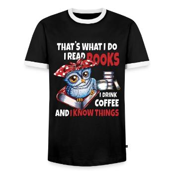 Eule mit heißem Tee Gemütlich ein Buch lesen - Männer Kontrast-T-Shirt - Schwarz/Weiß - Vorne - AI Model Female 172 light (172cm) & AI Model Male 178 light (178cm)