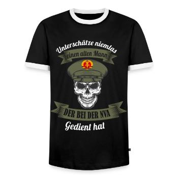 NVA Veteran DDR Armee - Männer Kontrast-T-Shirt - Schwarz/Weiß - Vorne - AI Model Female 172 light (172cm) & AI Model Male 178 light (178cm)