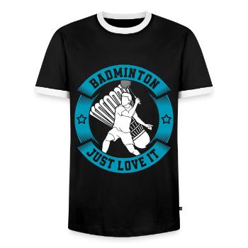 Badminton Just Love It Shuttlecock Racquet Sport - Men's Ringer Shirt - black/white - Front - AI Model Female 172 light (172cm) & AI Model Male 178 light (178cm)