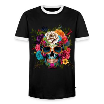 Día de Muertos Sugar Skull Mexican Skull - Men's Ringer Shirt - black/white - Front - AI Model Female 172 light (172cm) & AI Model Male 178 light (178cm)