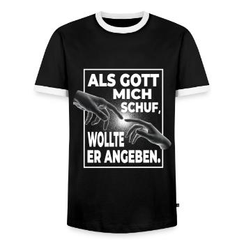 Als Gott Mich Schuf Wollte Er Angeben - Lustiges - Männer Kontrast-T-Shirt - Schwarz/Weiß - Vorne - AI Model Female 172 light (172cm) & AI Model Male 178 light (178cm)