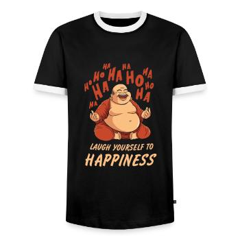 Laughing Meditation Buddha Design for Laughter Yoga - Men's Ringer Shirt - black/white - Front - AI Model Female 172 light (172cm) & AI Model Male 178 light (178cm)