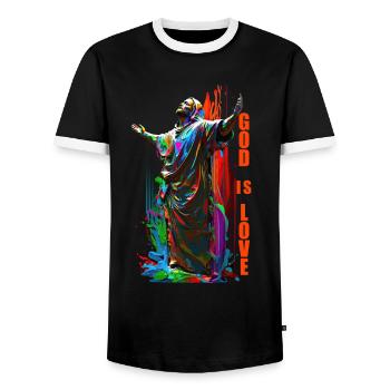 Christian Quotes Designs God is Love - Men's Ringer Shirt - black/white - Front - AI Model Female 172 light (172cm) & AI Model Male 178 light (178cm)