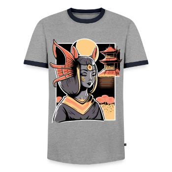 Chat Femme Et Sanctuaire Japonais Paysage - T-shirt contrasté Homme - gris/marine  - Devant - AI Model Female 172 light (172cm) & AI Model Male 178 light (178cm)