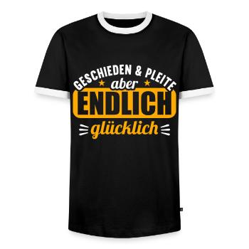 Geschieden und Pleite aber endlich glücklich - Männer Kontrast-T-Shirt - Schwarz/Weiß - Vorne - AI Model Female 172 light (172cm) & AI Model Male 178 light (178cm)