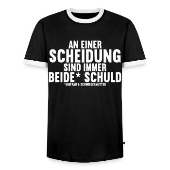 An einer Scheidung sind immer beide Schuld - Männer Kontrast-T-Shirt - Schwarz/Weiß - Vorne - AI Model Female 172 light (172cm) & AI Model Male 178 light (178cm)