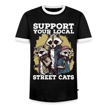Support Your Local Street Cats Raccoon Opossum - Men's Ringer Shirt - black/white - Front - AI Model Female 172 light (172cm) & AI Model Male 178 light (178cm)