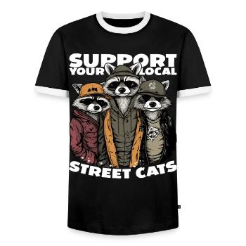 Support Your Local Street Cats Raccoon Opossum - Men's Ringer Shirt - black/white - Front - AI Model Female 172 light (172cm) & AI Model Male 178 light (178cm)