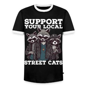 Support Your Local Street Cats Raccoon Opossum - Men's Ringer Shirt - black/white - Front - AI Model Female 172 light (172cm) & AI Model Male 178 light (178cm)