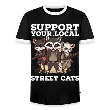 Support Your Local Street Cats Raccoon Opossum - Men's Ringer Shirt - black/white - Front - AI Model Female 172 light (172cm) & AI Model Male 178 light (178cm)