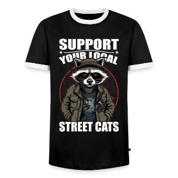 Support Your Local Street Cats Raccoon Opossum - Men's Ringer Shirt - black/white - Front - AI Model Female 172 light (172cm) & AI Model Male 178 light (178cm)